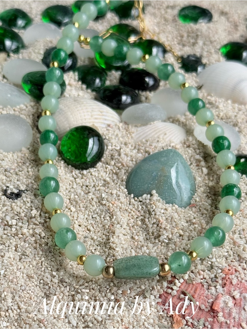 Green Jade Beaded Necklace with Gold Accents